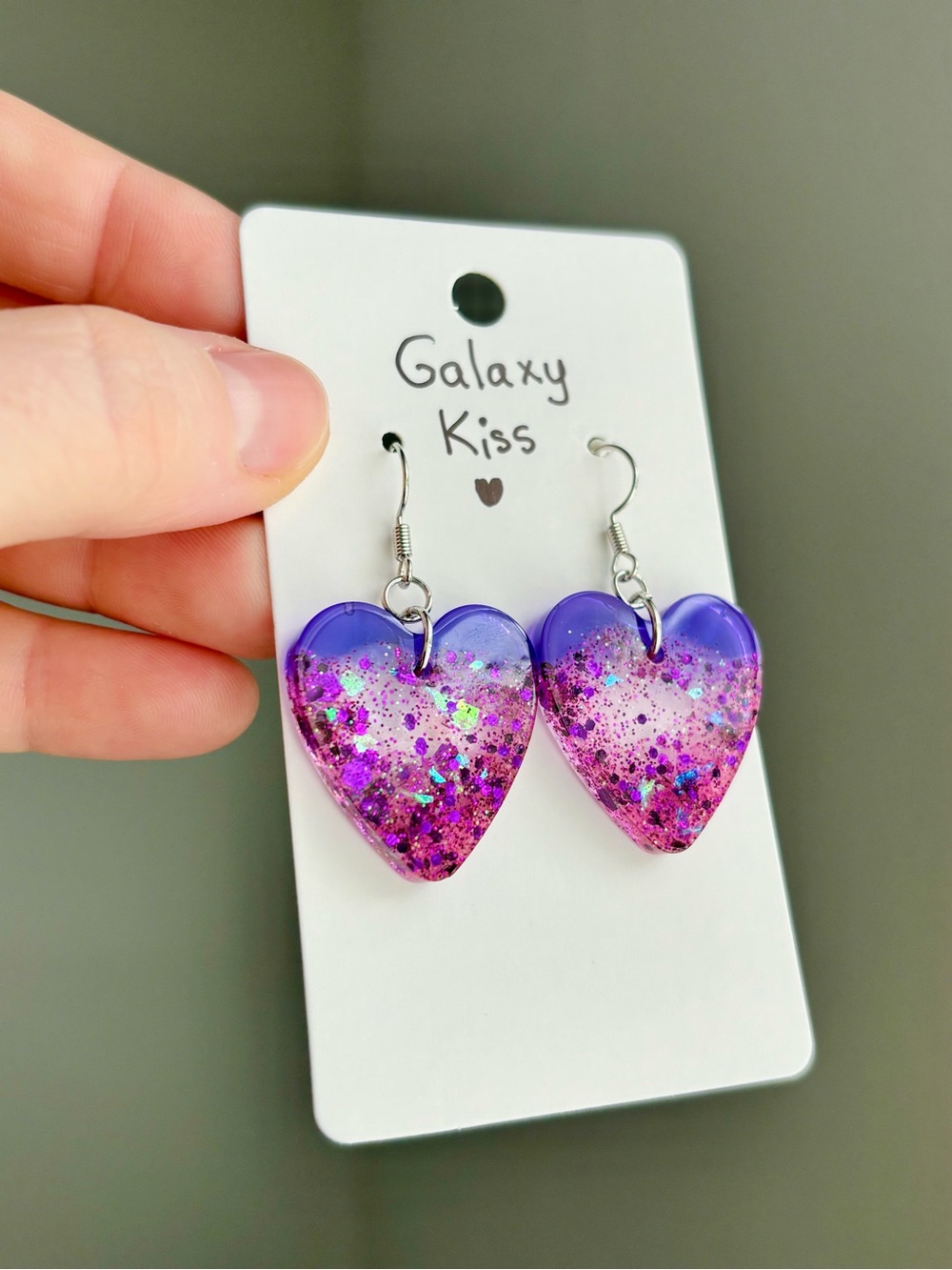 Galaxy Kiss Resin Heart Earrings Handmade Purple Pink Glitter Celestial Jewelry